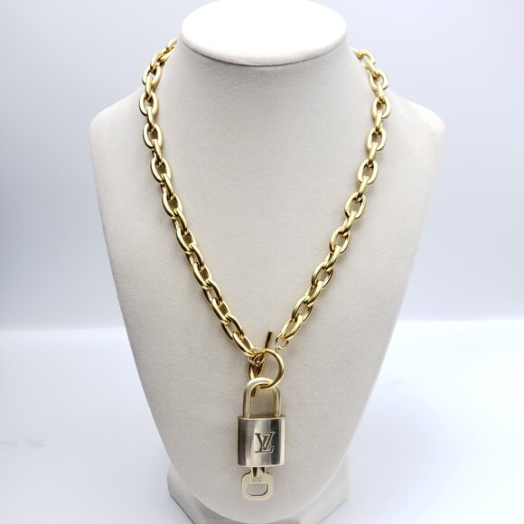 Authentic Louis Vuitton Gold Padlock w/Unbranded Stainless Steel Chain Necklace